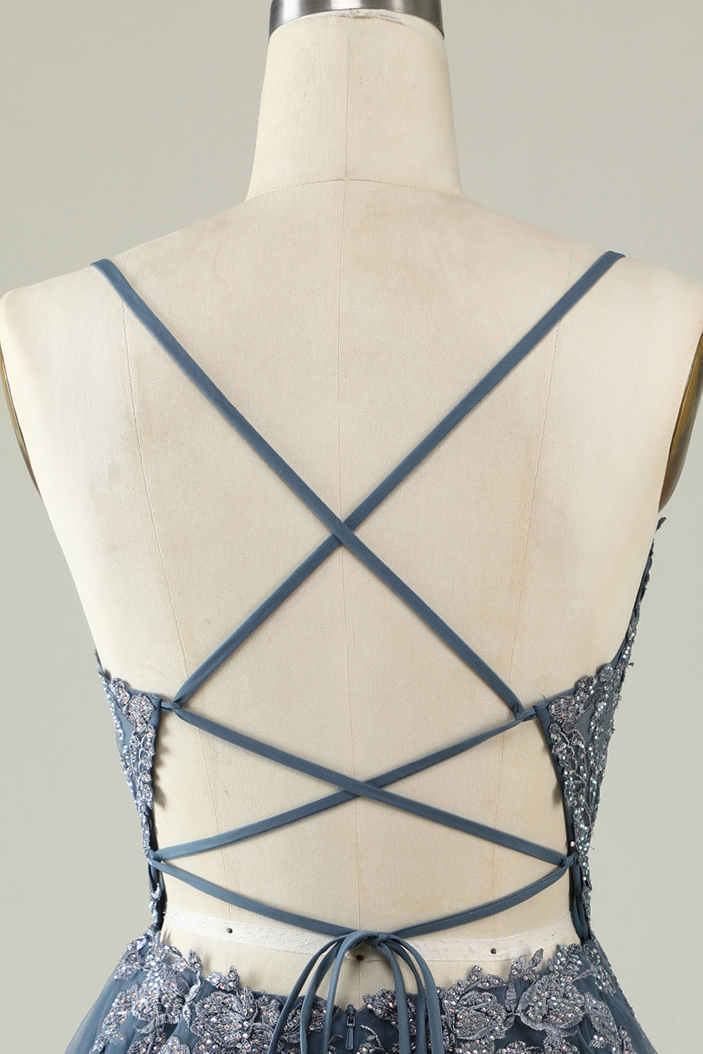 A Line Spaghetti Straps Grey Blue Short Graduation Dress with Appliques