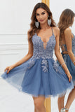A Line Spaghetti Straps Grey Blue Short Graduation Dress with Appliques