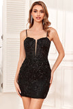 Bodycon Spaghetti Straps Black Sequins Short Graduation Dress with Criss Cross Back