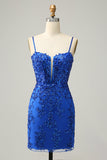 Sheath Spaghetti Straps Royal Blue Sequins Short Graduation Dress with Criss Cross Back