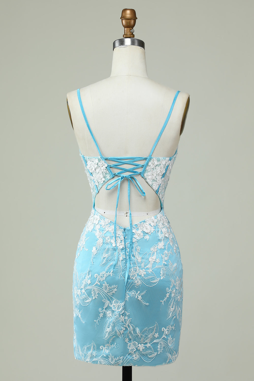 Sheath Spaghetti Straps Light Blue Short Graduation Dress with Appliques