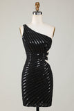 Sparkly Bodycon One Shoulder Black Sequins Short Graduation Dress with Cut Out