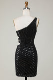 Sparkly Bodycon One Shoulder Black Sequins Short Graduation Dress with Cut Out