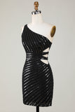 Sparkly Bodycon One Shoulder Black Sequins Short Graduation Dress with Cut Out