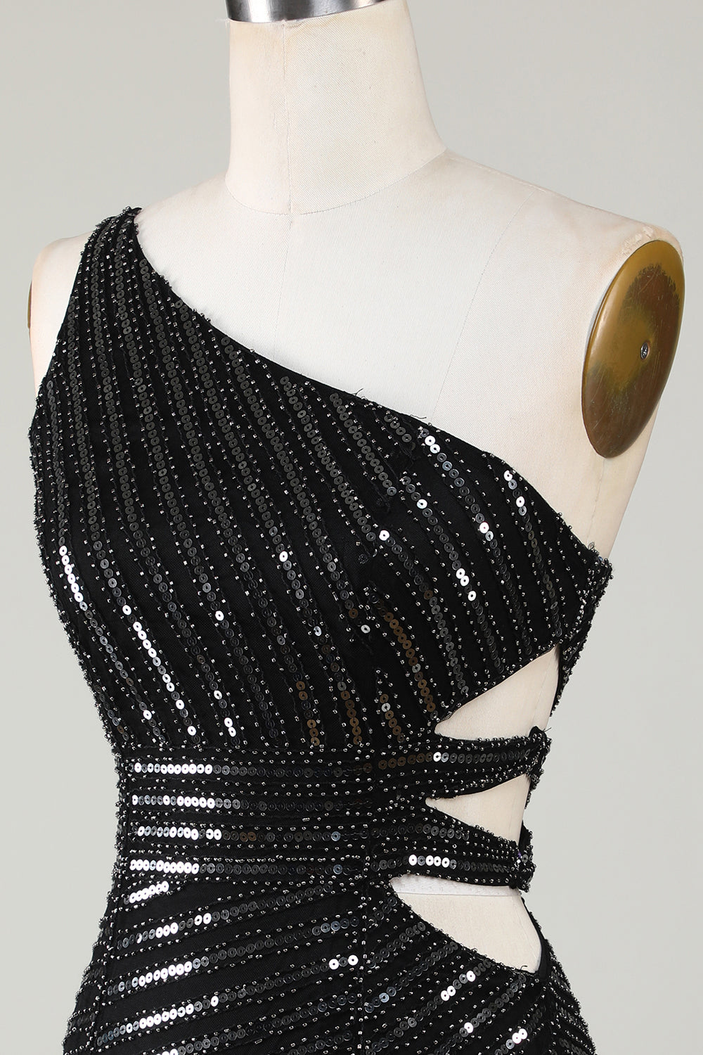 Sparkly Bodycon One Shoulder Black Sequins Short Graduation Dress with Cut Out