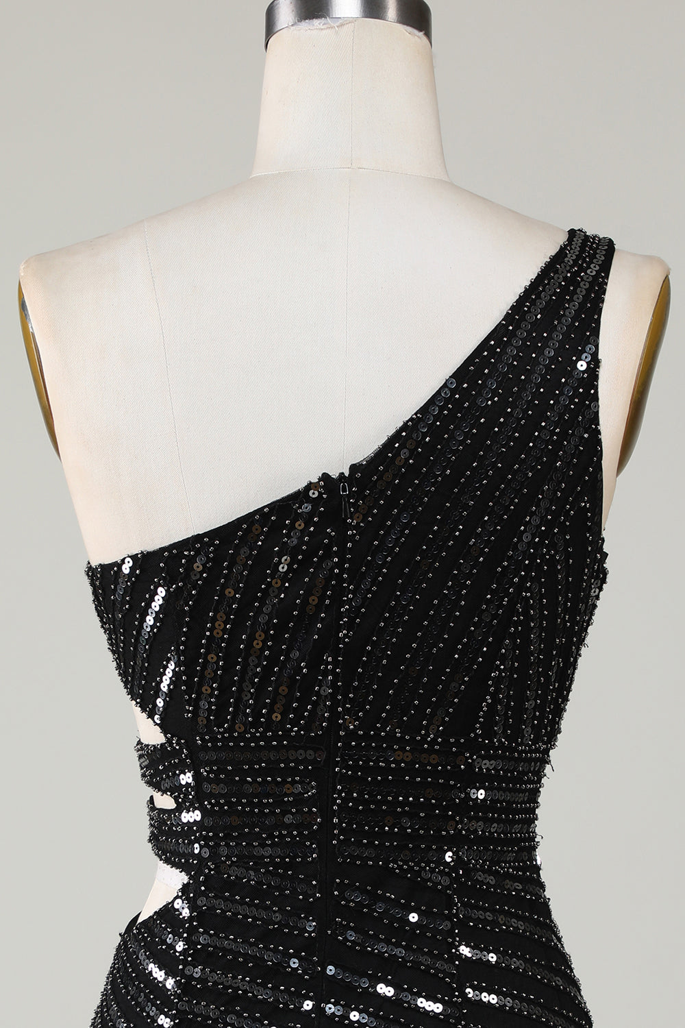 Sparkly Bodycon One Shoulder Black Sequins Short Graduation Dress with Cut Out