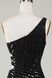 Sparkly Bodycon One Shoulder Black Sequins Short Graduation Dress with Cut Out