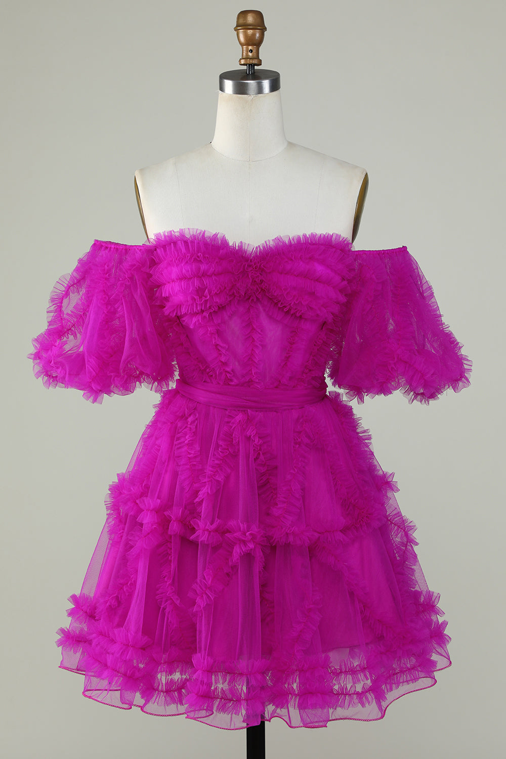 Stylish A Line Off the Shoulder Fuchsia Tulle Corset Graduation Dress