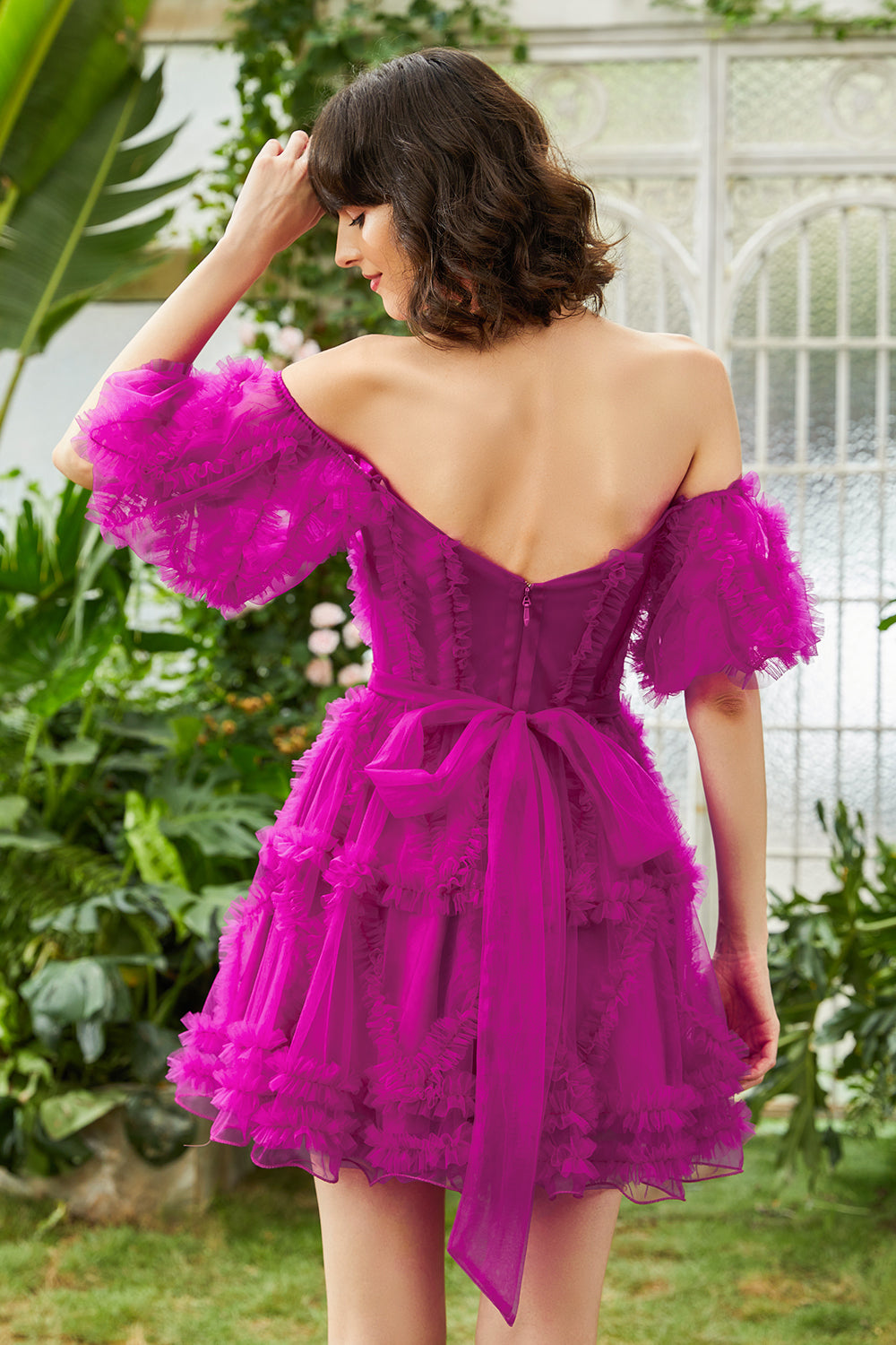 Stylish A Line Off the Shoulder Fuchsia Corset Graduation Dress with Sleeves