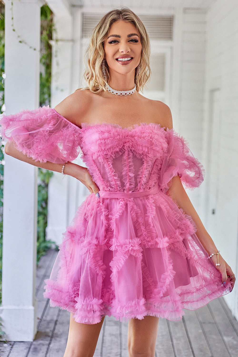 A Line Purple Tulle Off The Shoulder Short Graduation Dress