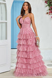 Spaghetti Straps Layered Tulle Prom Dress with Floral Printed