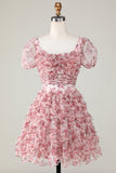 Cute A Line Floral Ivory Red Flower Graduation Dress with Ruffles