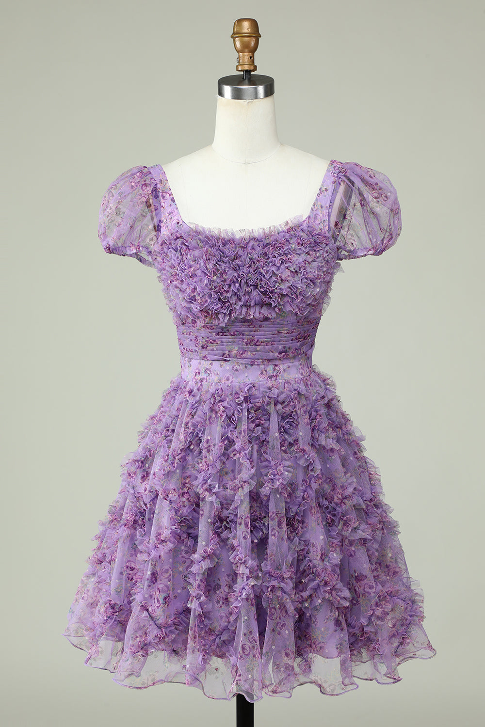 Floral A Line Purple Graduation Dress with Ruffles