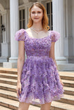 A Line Purple Printed Graduation Dress with Ruffles
