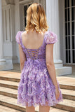 A Line Purple Printed Graduation Dress with Ruffles