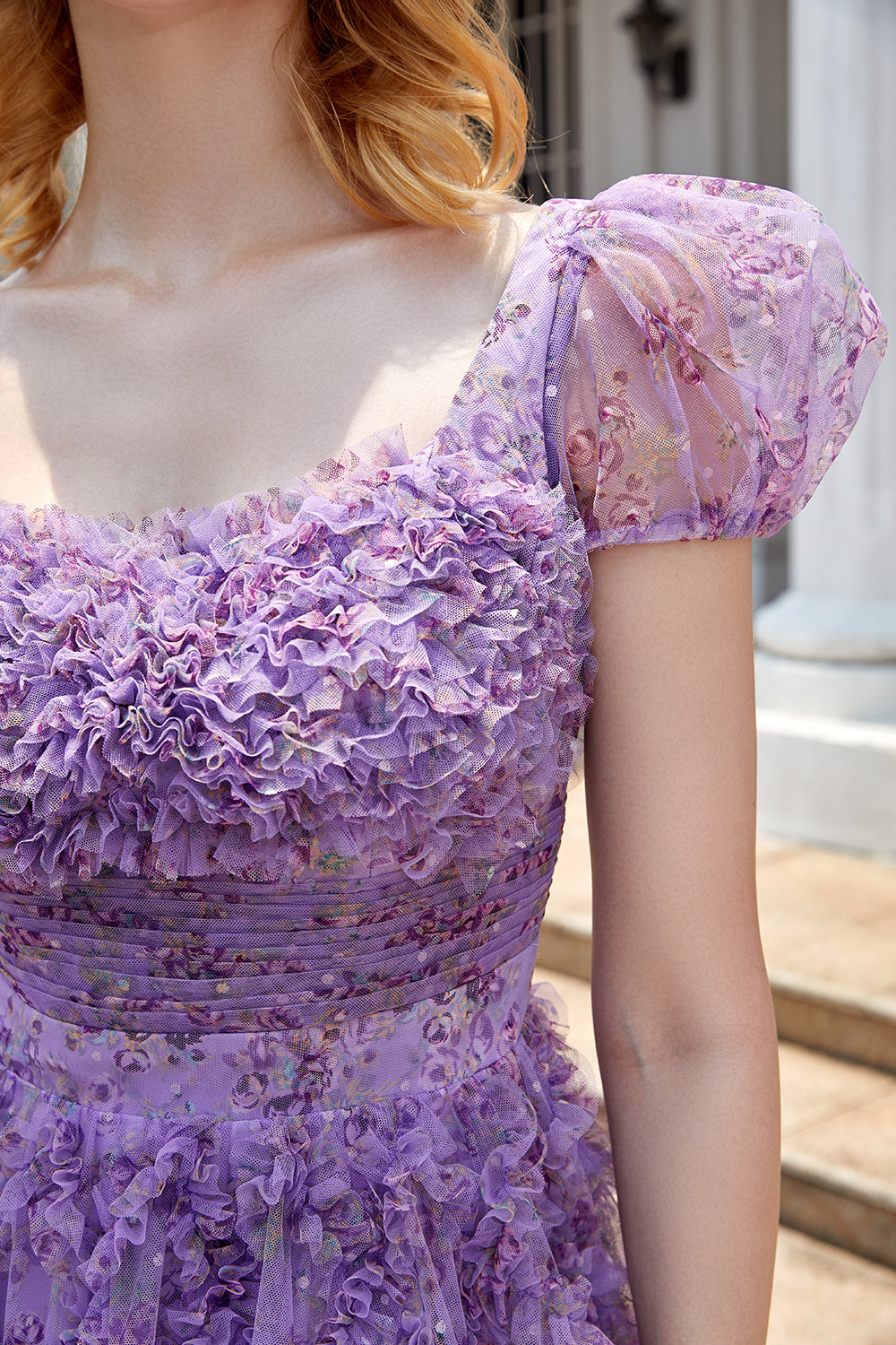 A Line Purple Printed Graduation Dress with Ruffles