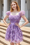 A Line Purple Printed Graduation Dress with Ruffles