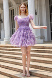 A Line Purple Printed Graduation Dress with Ruffles