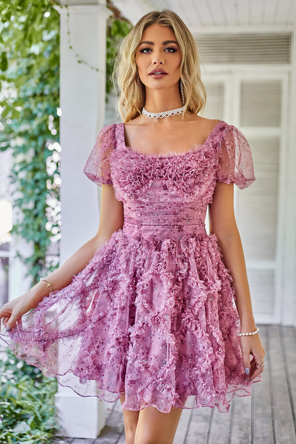 A Line Purple Printed Graduation Dress with Ruffles