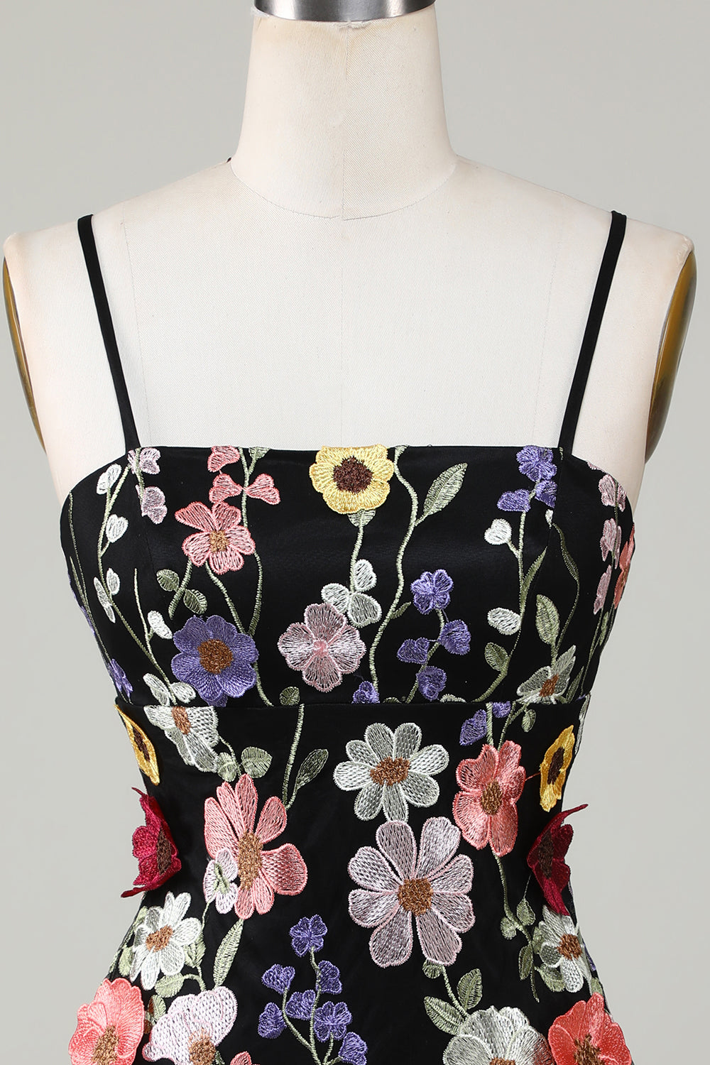 Bodycon Spaghetti Straps Black Graduation Dress with 3D Flowers