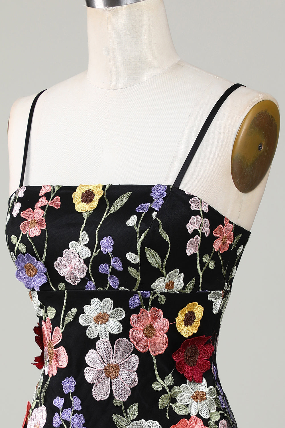 Bodycon Spaghetti Straps Black Graduation Dress with 3D Flowers