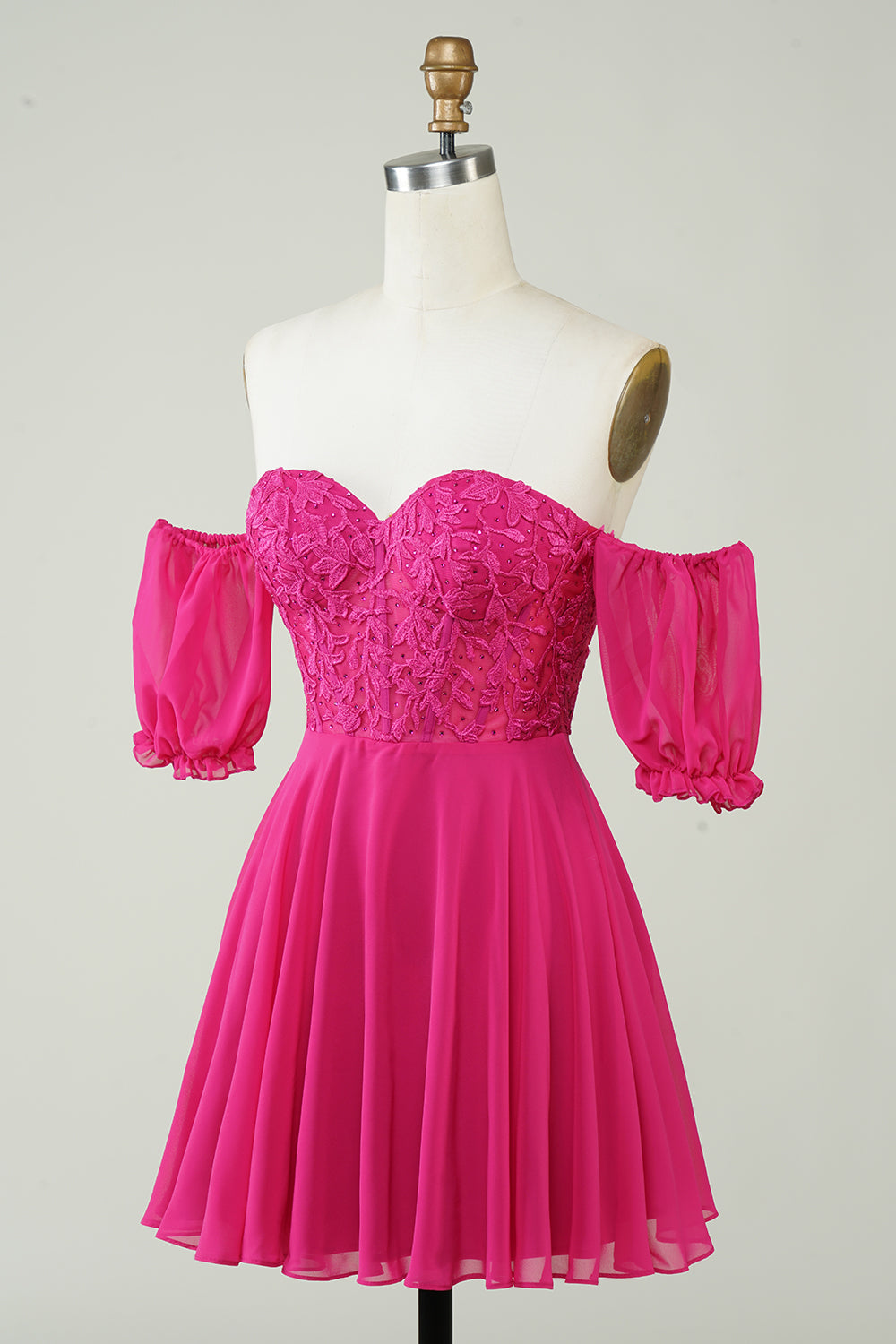Fuchsia Corset A-Line Chiffon Short Graduation Dress with Lace