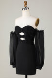 Off The Shoulder Keyhole Black Graduation Dress with Beading