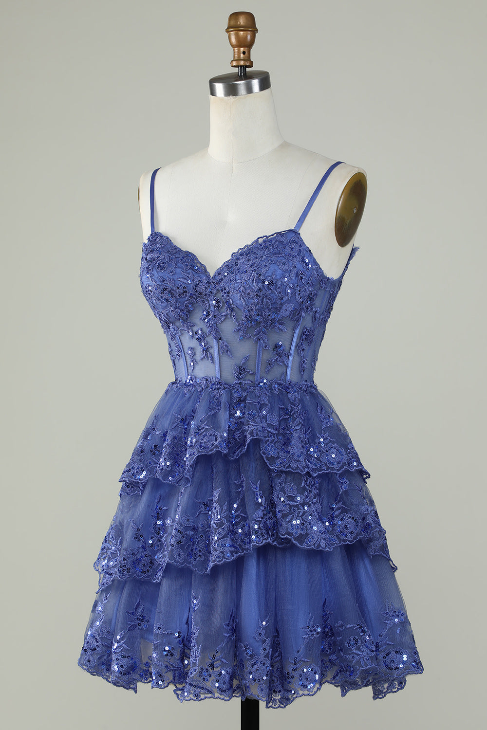 Cute A Line Spaghetti Straps Dark Blue Sparkly Corset Graduation Dress