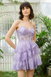 Sparkly Spaghetti Straps Sequins Purple Short Graduation Dress