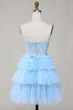 Cute A-Line Sweetheart Blue Corset Short Graduation Dress with Ruffles