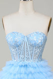 Cute A-Line Sweetheart Blue Corset Short Graduation Dress with Ruffles