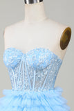 Cute A-Line Sweetheart Blue Corset Short Graduation Dress with Ruffles