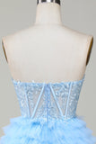 Cute A-Line Sweetheart Blue Corset Short Graduation Dress with Ruffles