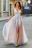 Grey Pink A Line Deep V Neck Long Prom Dress with Appliques