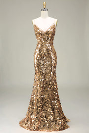 Sparkly Golden Mermaid Sequin Prom Dress With Slit
