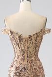 Sparkly Mermaid Off The Shoulder Golden Corset Prom Dress with Slit