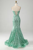 Sparkly Green Sequins Lace-Up Back Long Mermaid Prom Dress with Slit