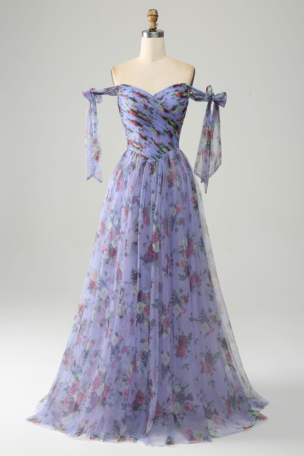 A-Line Blue Printed Adjustable Straps Long Prom Dress