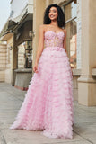 Pink A-Line Strapless Tiered Long Corset Prom Dress with Lace