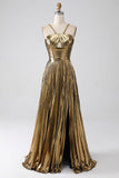 Hot Pink A-Line Spaghetti Straps Pleated Sparkly Prom Dress with Slit