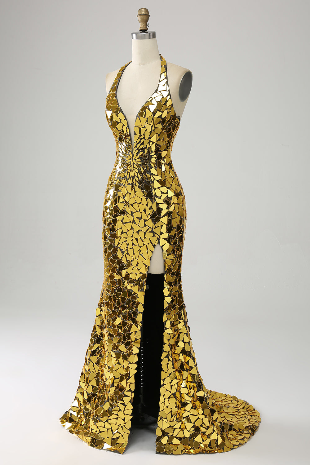 Golden Mermaid Halter Deep V-Neck Backless Mirror Prom Dress With High Slit