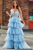 Tiered Tulle Sweetheart Bow Tie Straps Sequin Prom Dress with Appliques