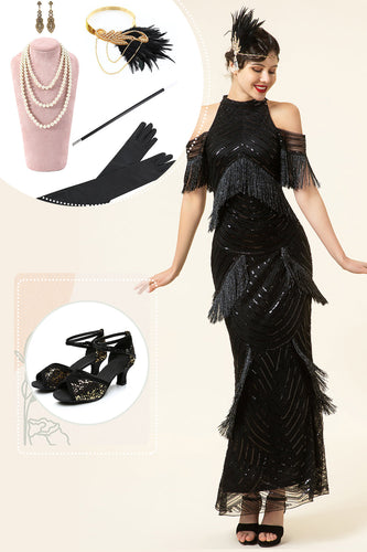 Black Sequined Fringes Long 1920s Gatsby Flapper Dress with 20s Accessories Set
