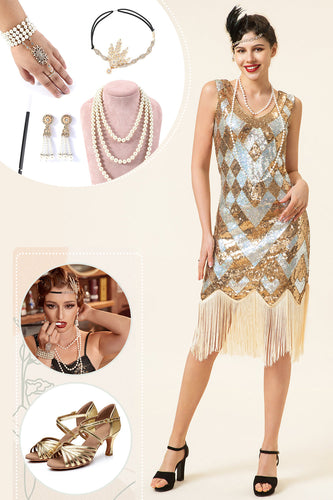 Golden and Silver Sequined Fringes 1920s Gatsby Flapper Dress with 20s Accessories Set