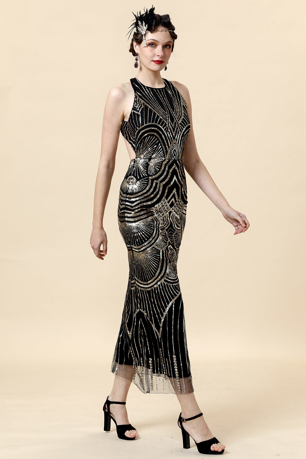 Halter Golden Sequins Flapper Dress with 20s Accessories Set