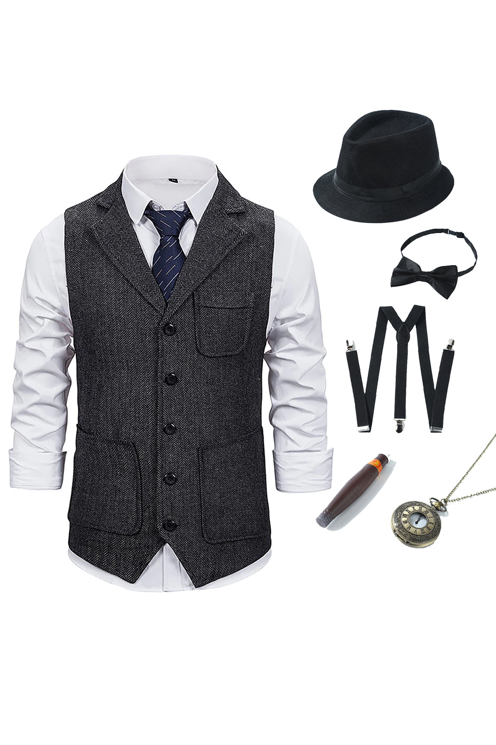 Dark Grey Notched Lapel Men's Vest with 5 Pieces Accessories Set