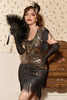Load image into Gallery viewer, Black Golden Fringed Sequins 1920s Dress with Accessories Set