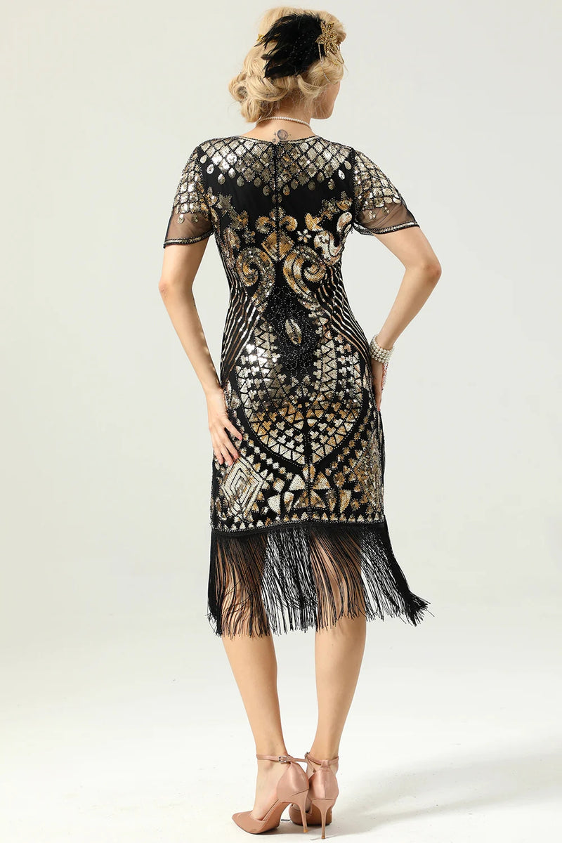 Load image into Gallery viewer, Black Sequins Fringed Cap Sleeves 1920s Dress with Accessories Set