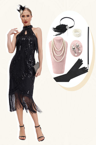 Sparkly Black Round Neck Sequins Fringed 1920s Dress with Accessories Set