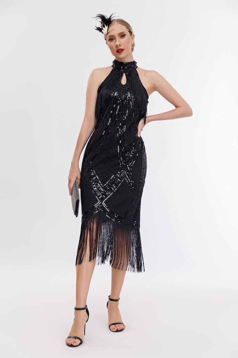 Load image into Gallery viewer, Sparkly Black Round Neck Sequins Fringed 1920s Dress with Accessories Set